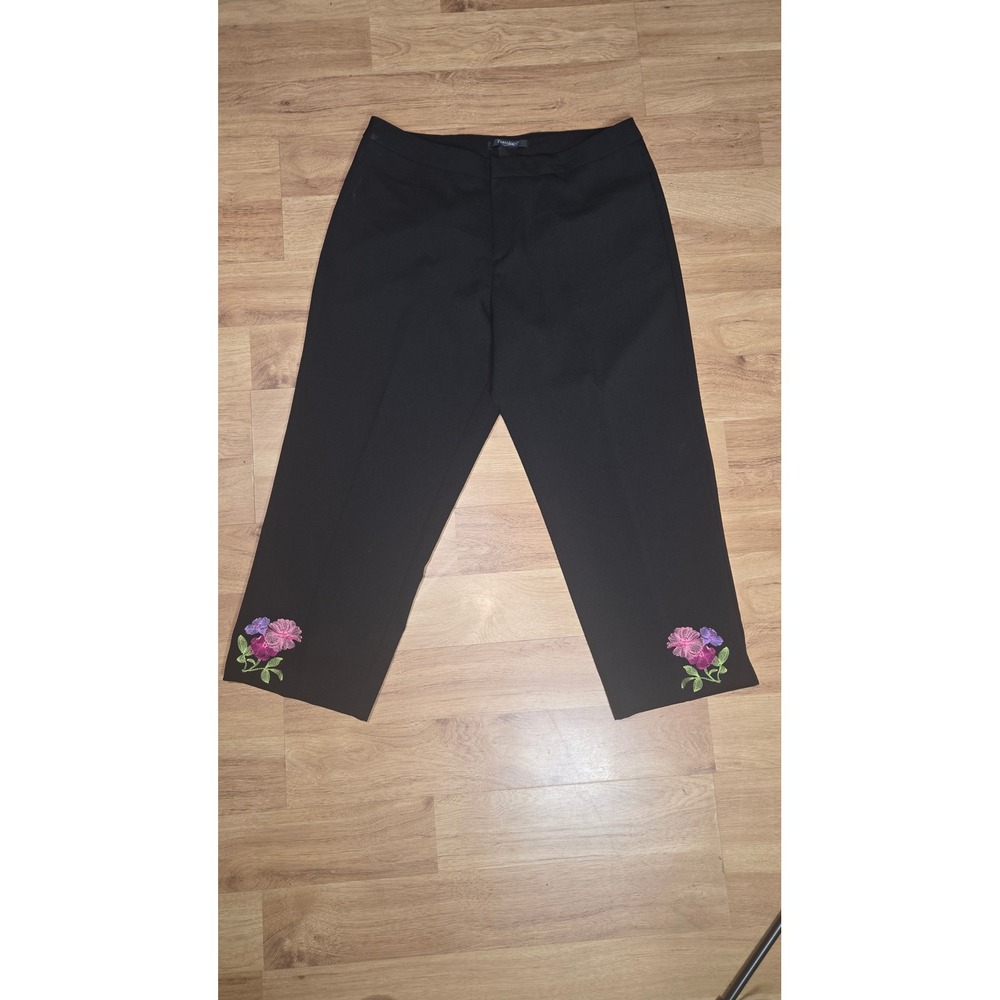 Pantology Womens Black Floral Embroidered Cropped Dress Pants Size 16 Trousers